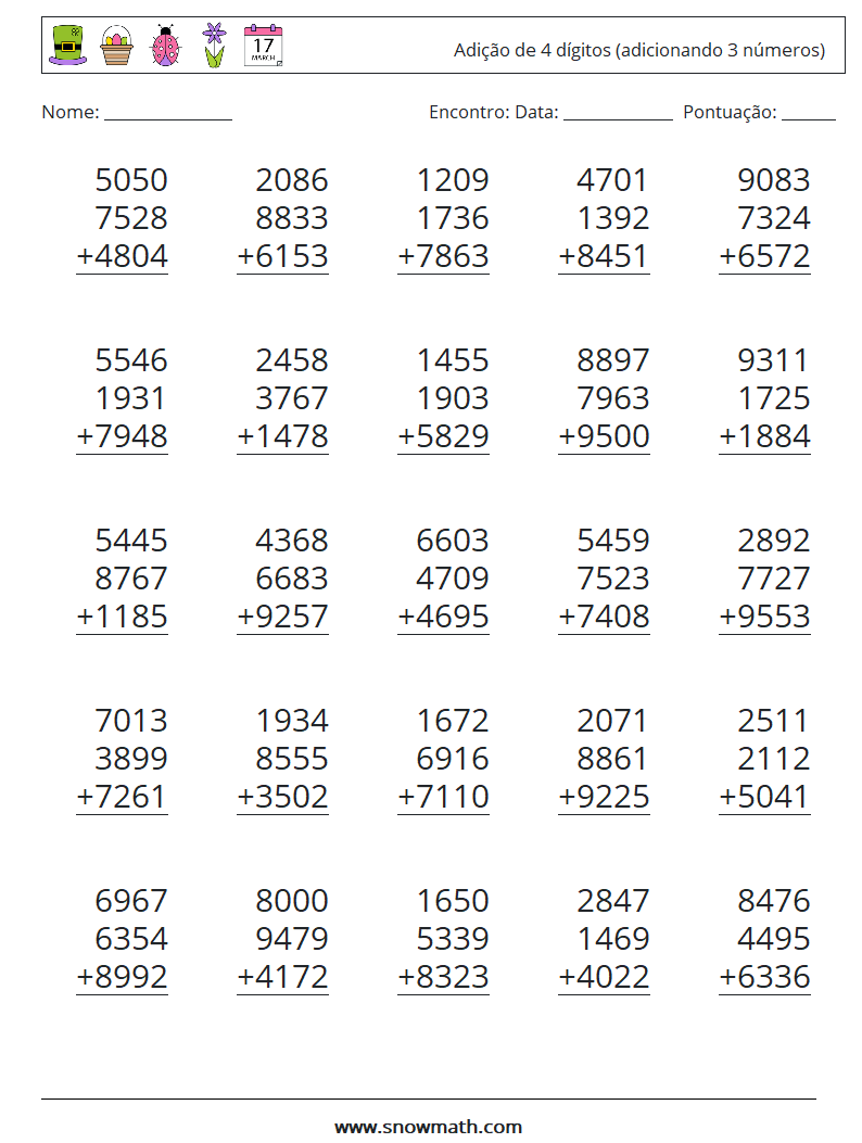 (25) Adição de 4 dígitos (adicionando 3 números) planilhas matemáticas 8