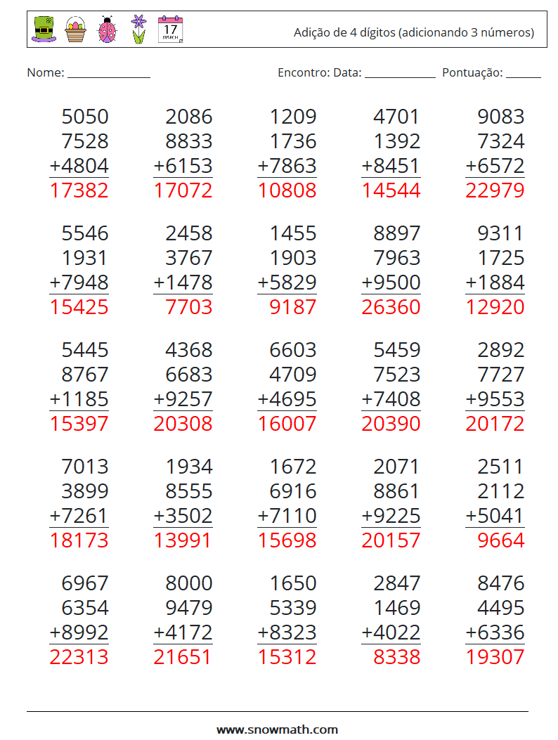 (25) Adição de 4 dígitos (adicionando 3 números) planilhas matemáticas 8 Pergunta, Resposta