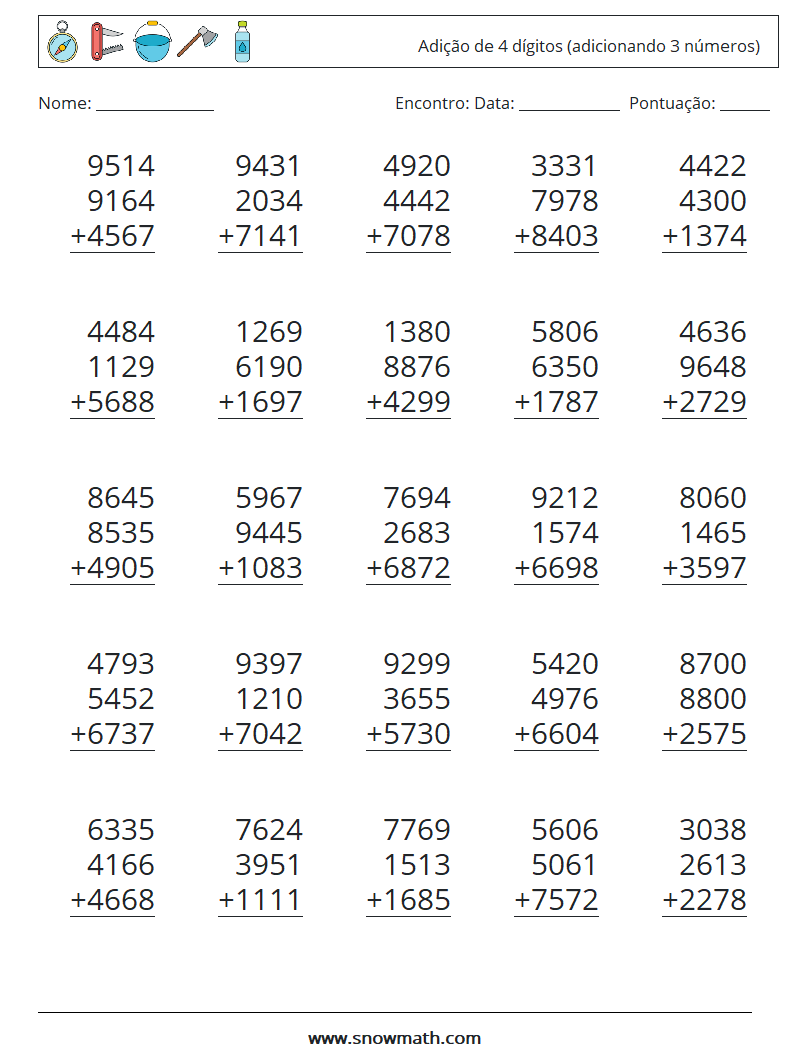 (25) Adição de 4 dígitos (adicionando 3 números) planilhas matemáticas 9