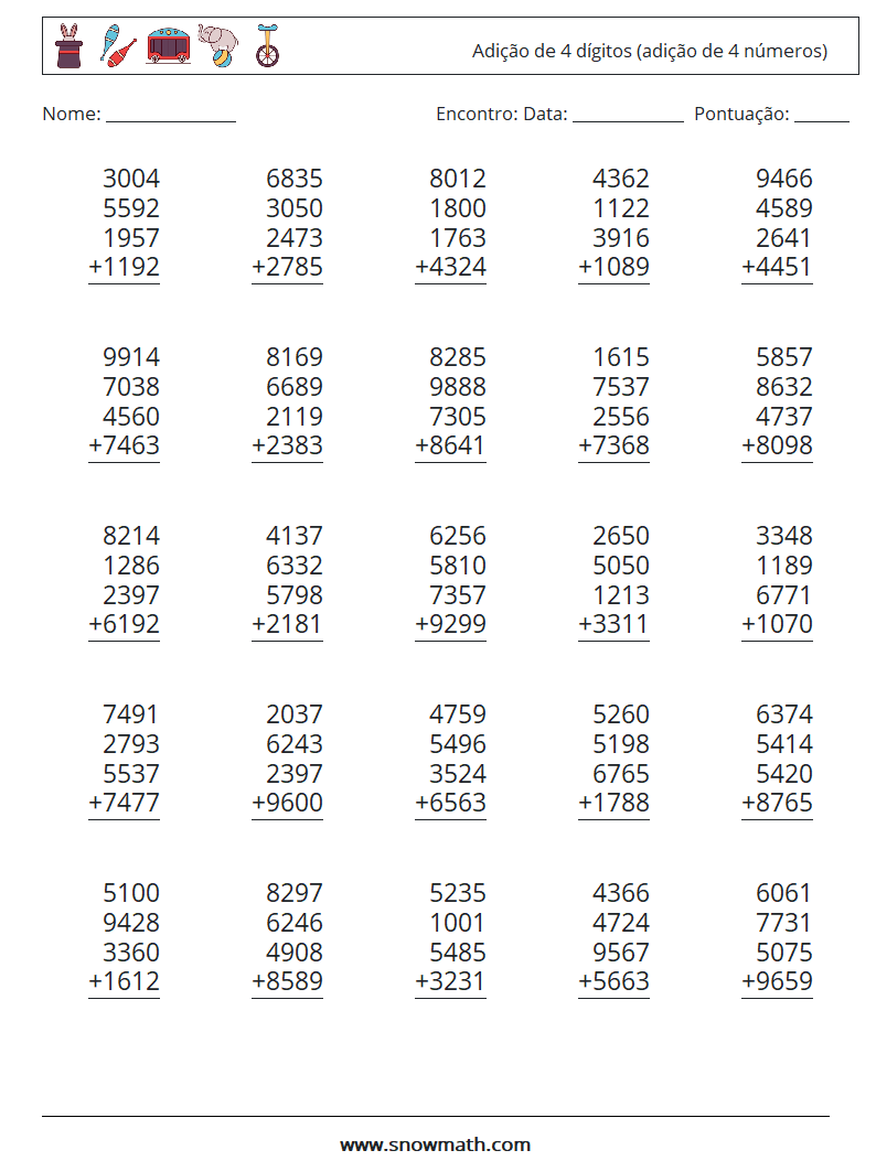 (25) Adição de 4 dígitos (adição de 4 números) planilhas matemáticas 1