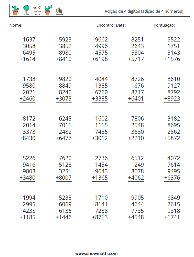 (25) Adição de 4 dígitos (adição de 4 números) planilhas matemáticas 10