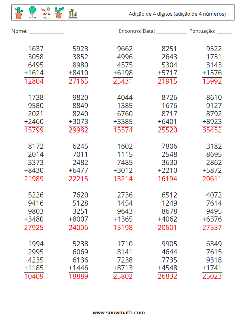 (25) Adição de 4 dígitos (adição de 4 números) planilhas matemáticas 10 Pergunta, Resposta