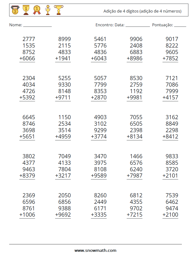 (25) Adição de 4 dígitos (adição de 4 números) planilhas matemáticas 11