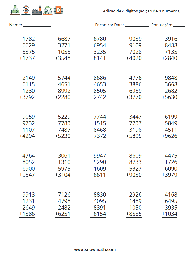 (25) Adição de 4 dígitos (adição de 4 números) planilhas matemáticas 12