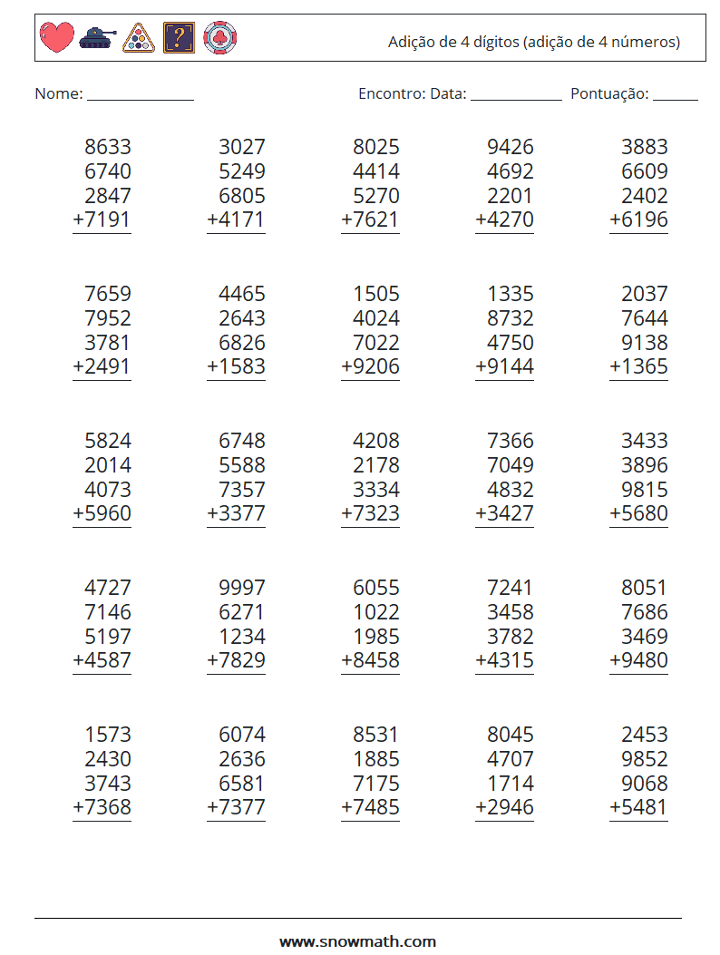 (25) Adição de 4 dígitos (adição de 4 números) planilhas matemáticas 13