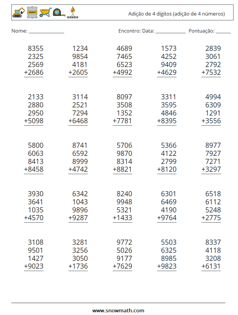 (25) Adição de 4 dígitos (adição de 4 números) planilhas matemáticas 14