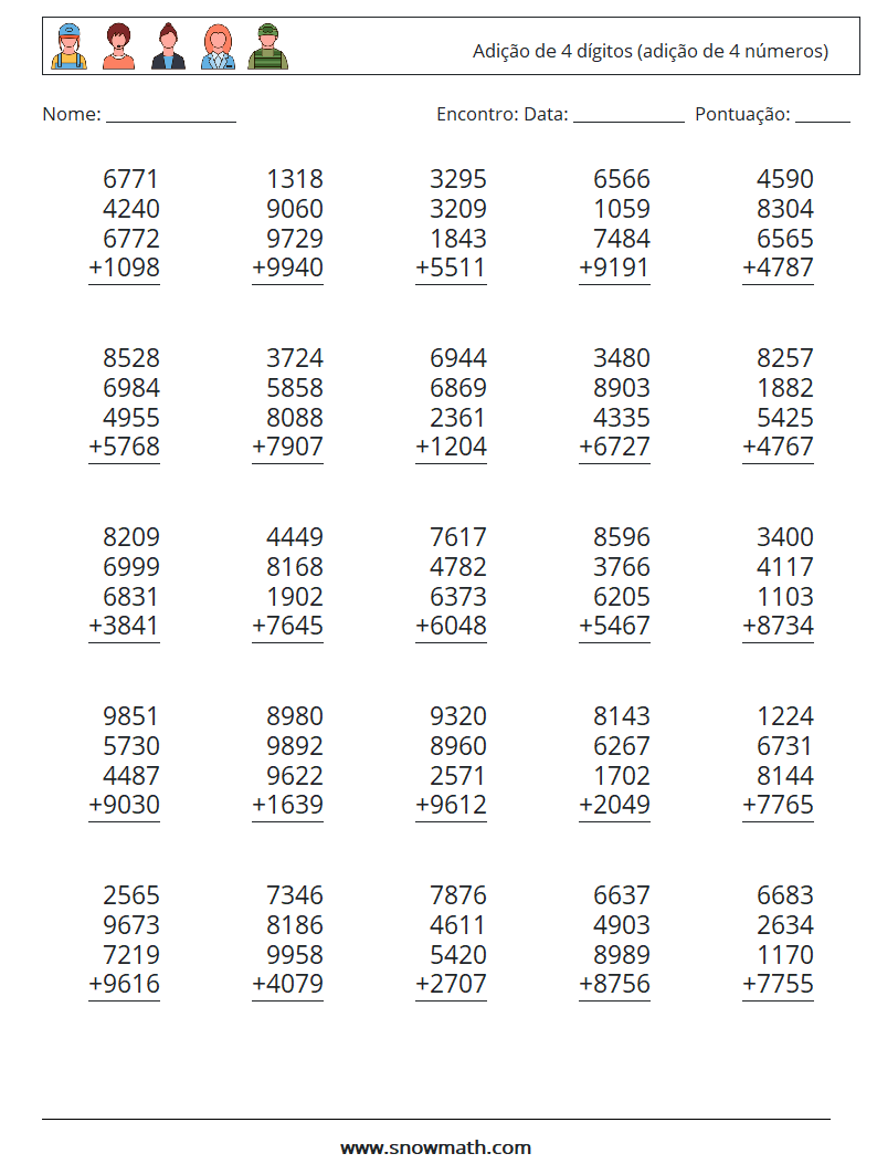 (25) Adição de 4 dígitos (adição de 4 números) planilhas matemáticas 15