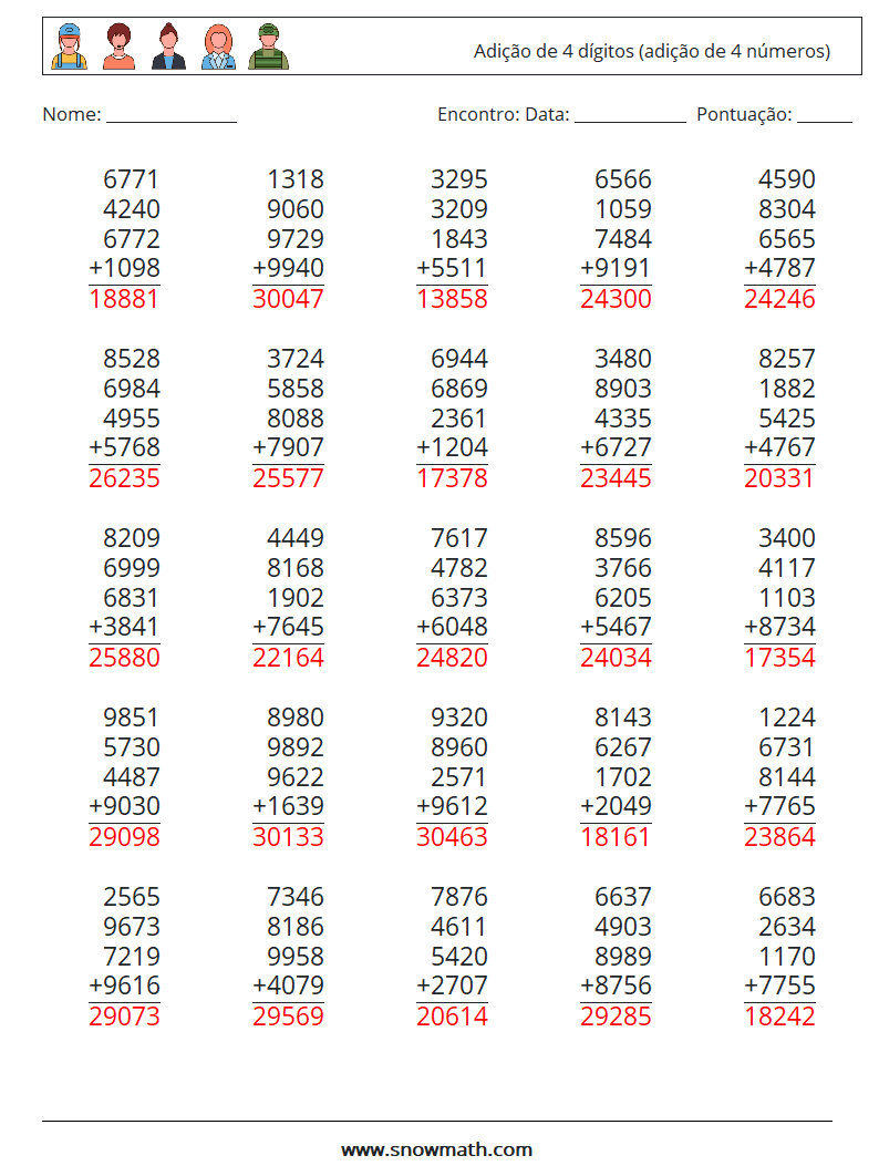 (25) Adição de 4 dígitos (adição de 4 números) planilhas matemáticas 15 Pergunta, Resposta