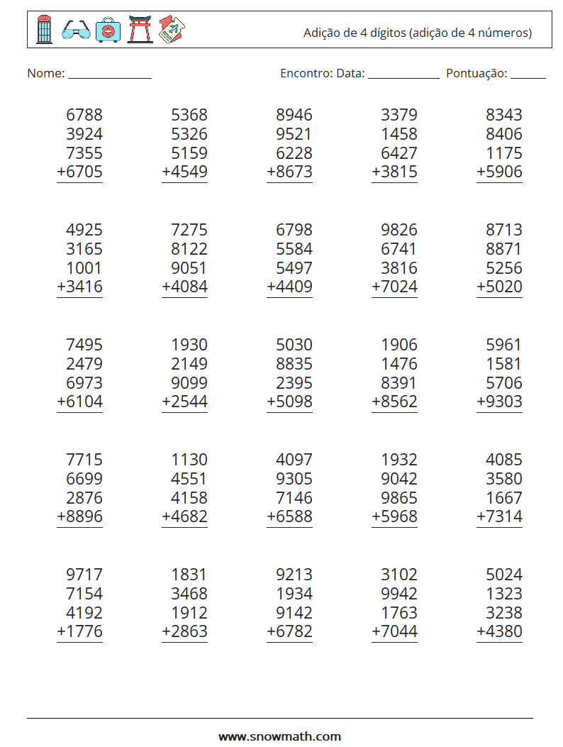 (25) Adição de 4 dígitos (adição de 4 números) planilhas matemáticas 16