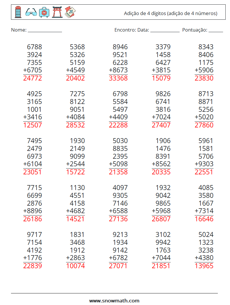 (25) Adição de 4 dígitos (adição de 4 números) planilhas matemáticas 16 Pergunta, Resposta