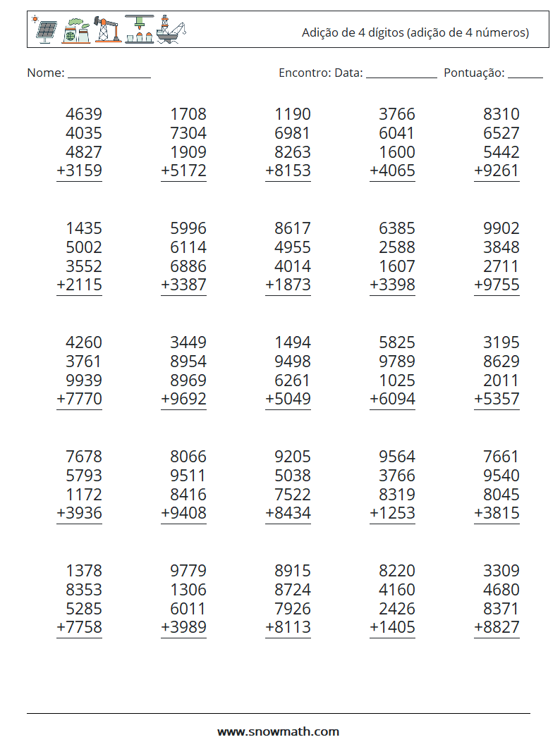 (25) Adição de 4 dígitos (adição de 4 números) planilhas matemáticas 17