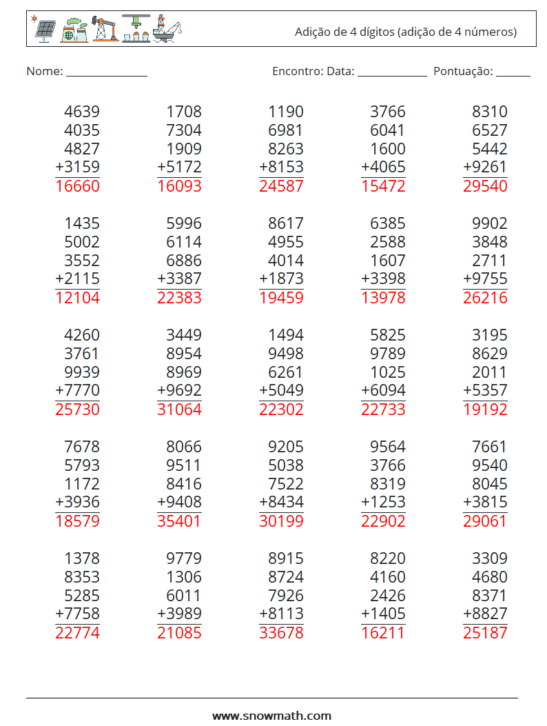 (25) Adição de 4 dígitos (adição de 4 números) planilhas matemáticas 17 Pergunta, Resposta