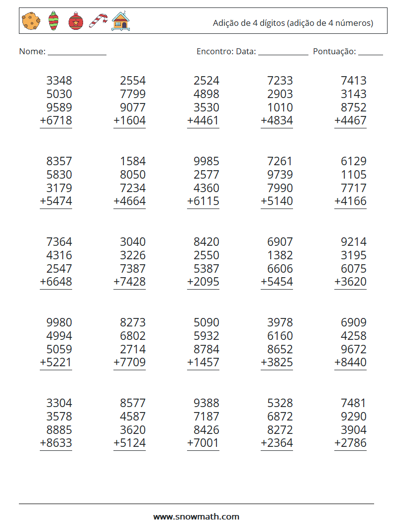 (25) Adição de 4 dígitos (adição de 4 números) planilhas matemáticas 18