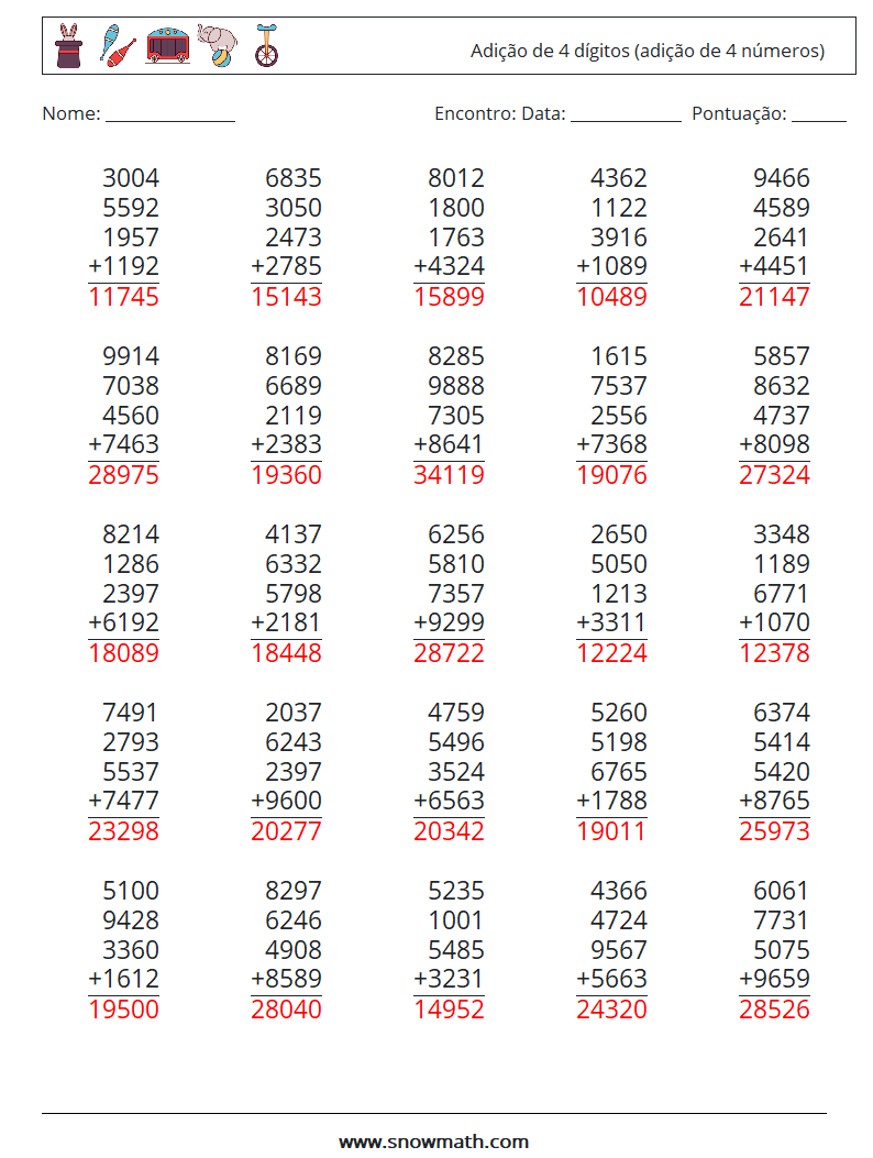 (25) Adição de 4 dígitos (adição de 4 números) planilhas matemáticas 1 Pergunta, Resposta