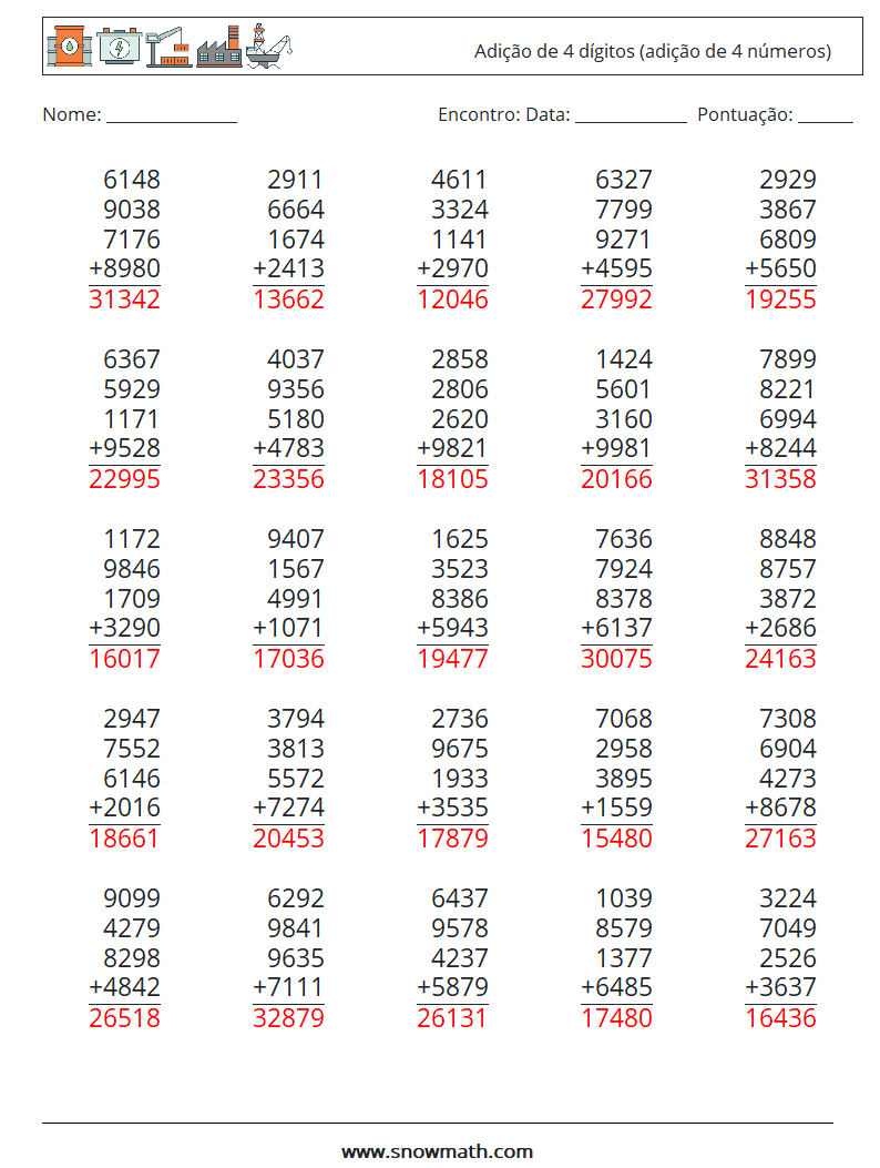 (25) Adição de 4 dígitos (adição de 4 números) planilhas matemáticas 2 Pergunta, Resposta