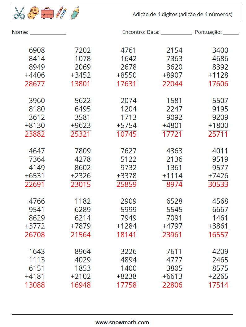 (25) Adição de 4 dígitos (adição de 4 números) planilhas matemáticas 3 Pergunta, Resposta