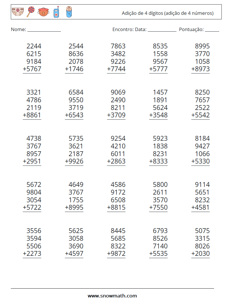 (25) Adição de 4 dígitos (adição de 4 números) planilhas matemáticas 4