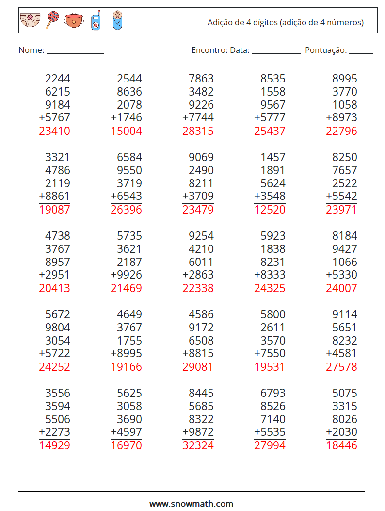 (25) Adição de 4 dígitos (adição de 4 números) planilhas matemáticas 4 Pergunta, Resposta