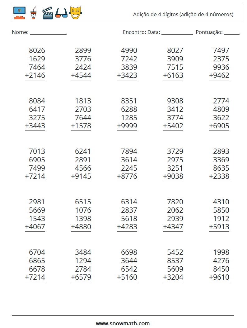 (25) Adição de 4 dígitos (adição de 4 números) planilhas matemáticas 5