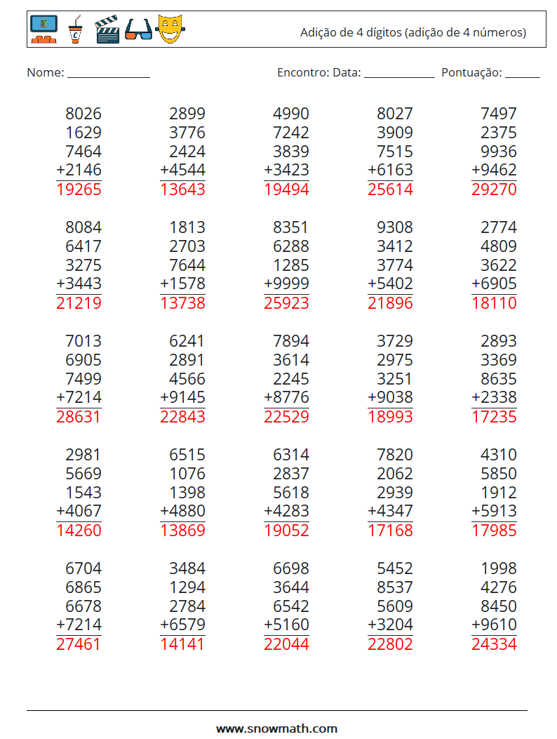 (25) Adição de 4 dígitos (adição de 4 números) planilhas matemáticas 5 Pergunta, Resposta