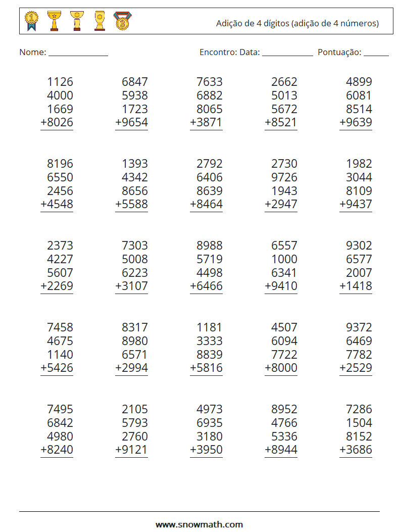 (25) Adição de 4 dígitos (adição de 4 números) planilhas matemáticas 6