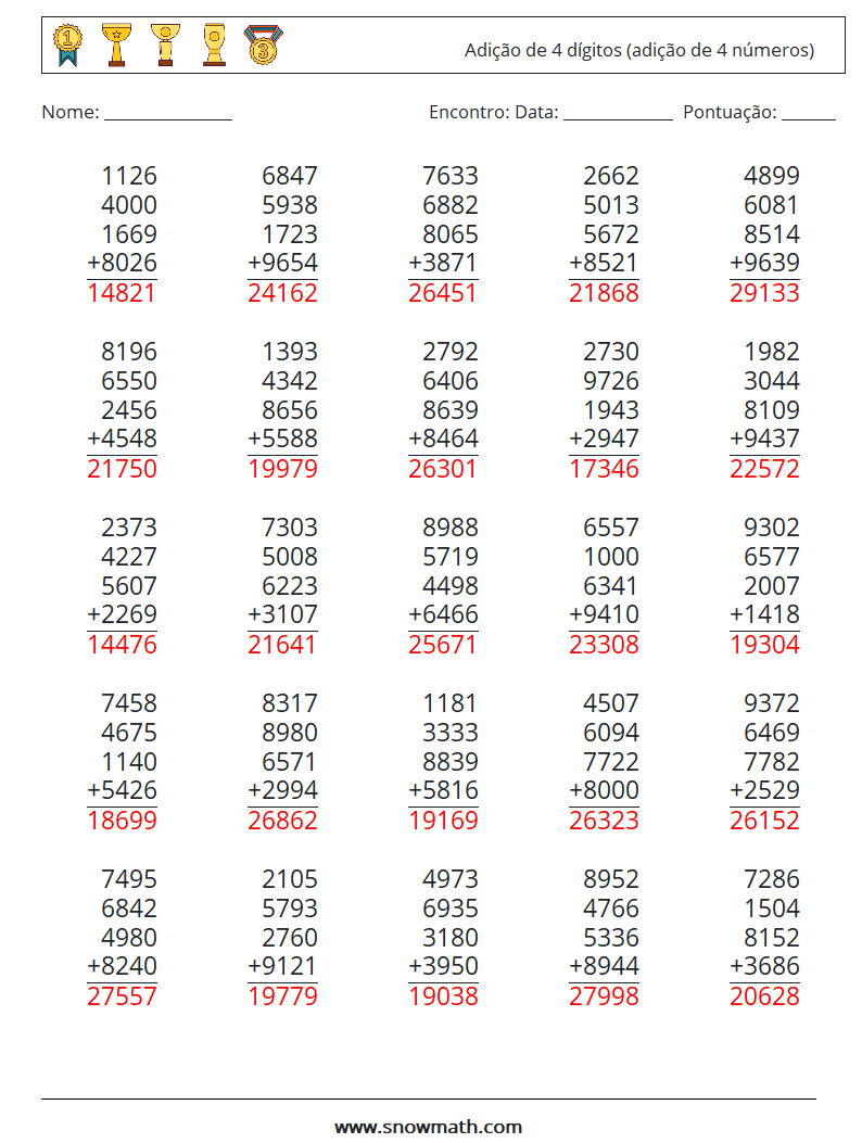 (25) Adição de 4 dígitos (adição de 4 números) planilhas matemáticas 6 Pergunta, Resposta