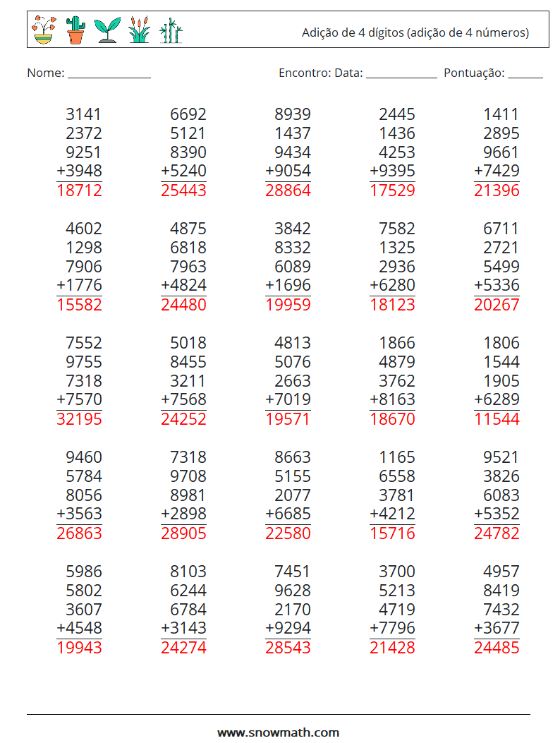 (25) Adição de 4 dígitos (adição de 4 números) planilhas matemáticas 7 Pergunta, Resposta