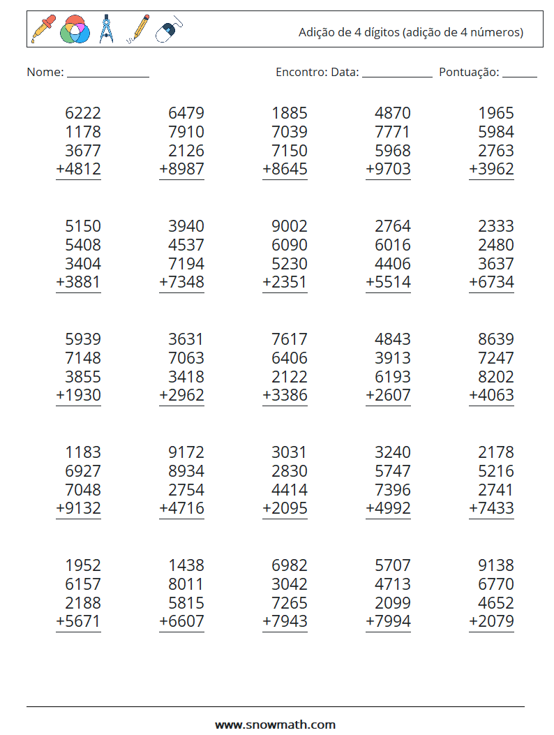 (25) Adição de 4 dígitos (adição de 4 números) planilhas matemáticas 8