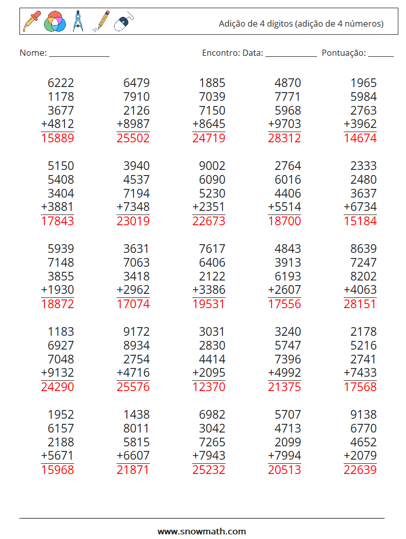 (25) Adição de 4 dígitos (adição de 4 números) planilhas matemáticas 8 Pergunta, Resposta