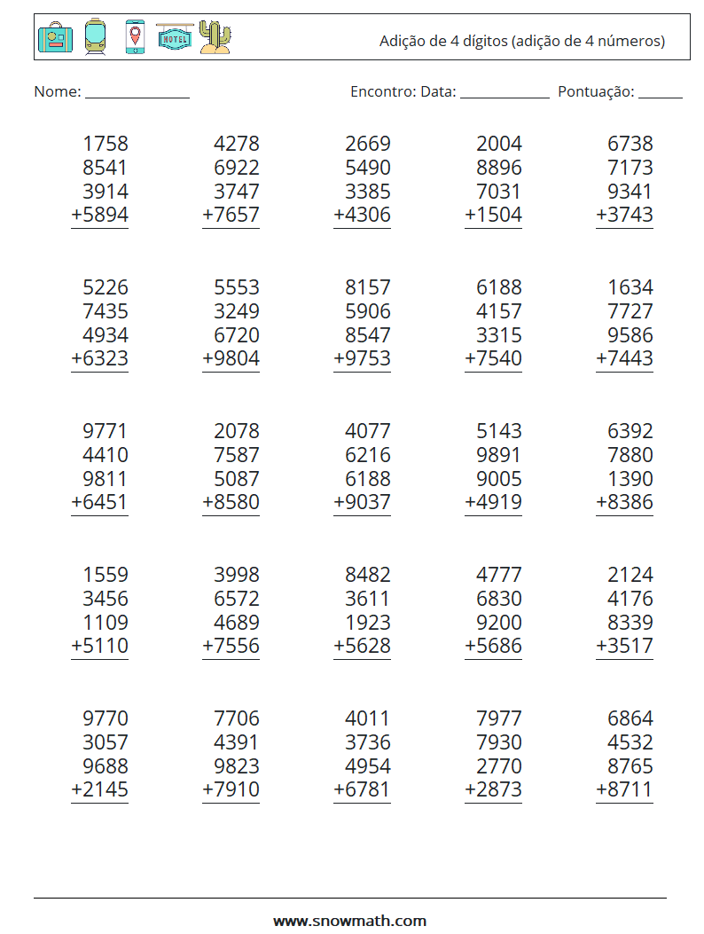 (25) Adição de 4 dígitos (adição de 4 números) planilhas matemáticas 9