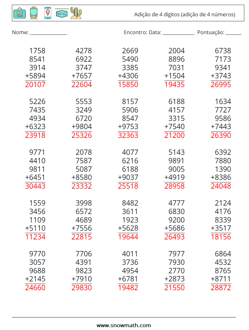 (25) Adição de 4 dígitos (adição de 4 números) planilhas matemáticas 9 Pergunta, Resposta