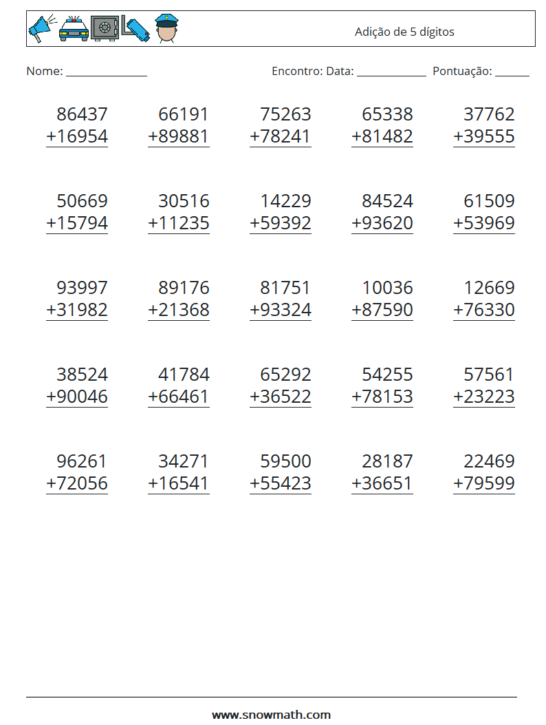 (25) Adição de 5 dígitos planilhas matemáticas 1