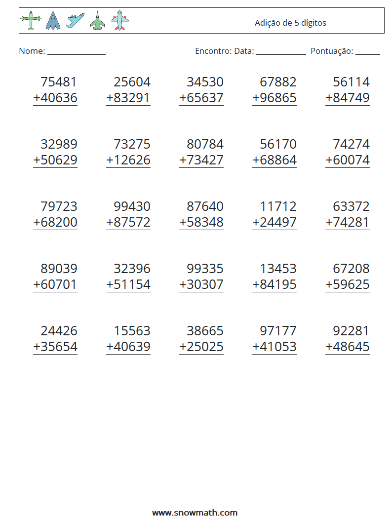 (25) Adição de 5 dígitos planilhas matemáticas 10