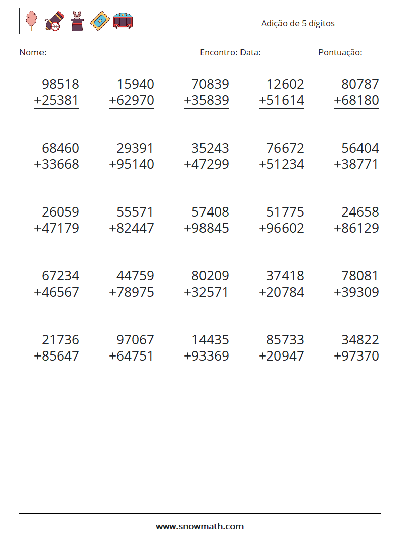 (25) Adição de 5 dígitos planilhas matemáticas 11