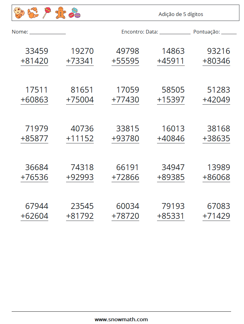 (25) Adição de 5 dígitos planilhas matemáticas 13