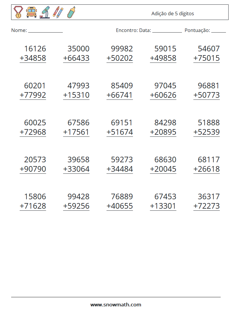 (25) Adição de 5 dígitos planilhas matemáticas 14