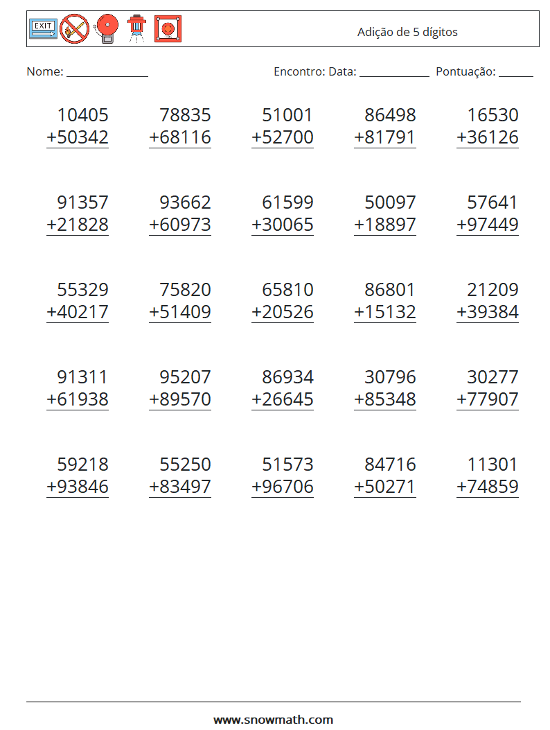 (25) Adição de 5 dígitos planilhas matemáticas 15