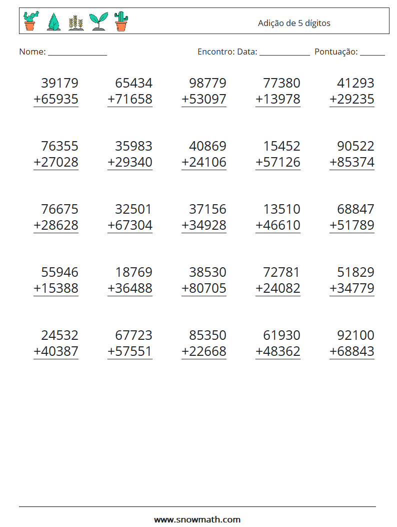 (25) Adição de 5 dígitos planilhas matemáticas 16