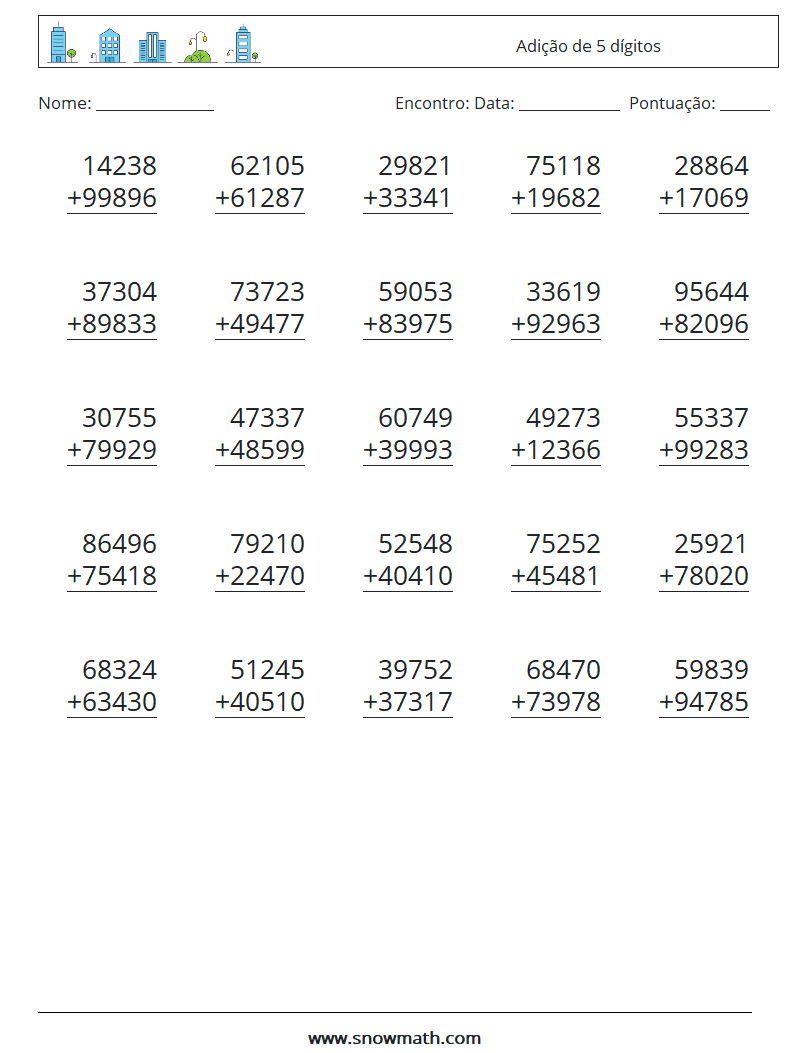 (25) Adição de 5 dígitos planilhas matemáticas 18