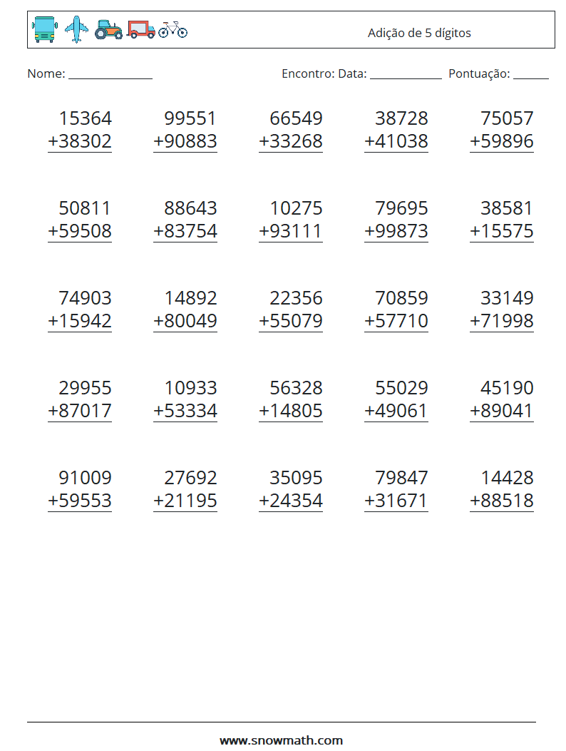 (25) Adição de 5 dígitos planilhas matemáticas 2