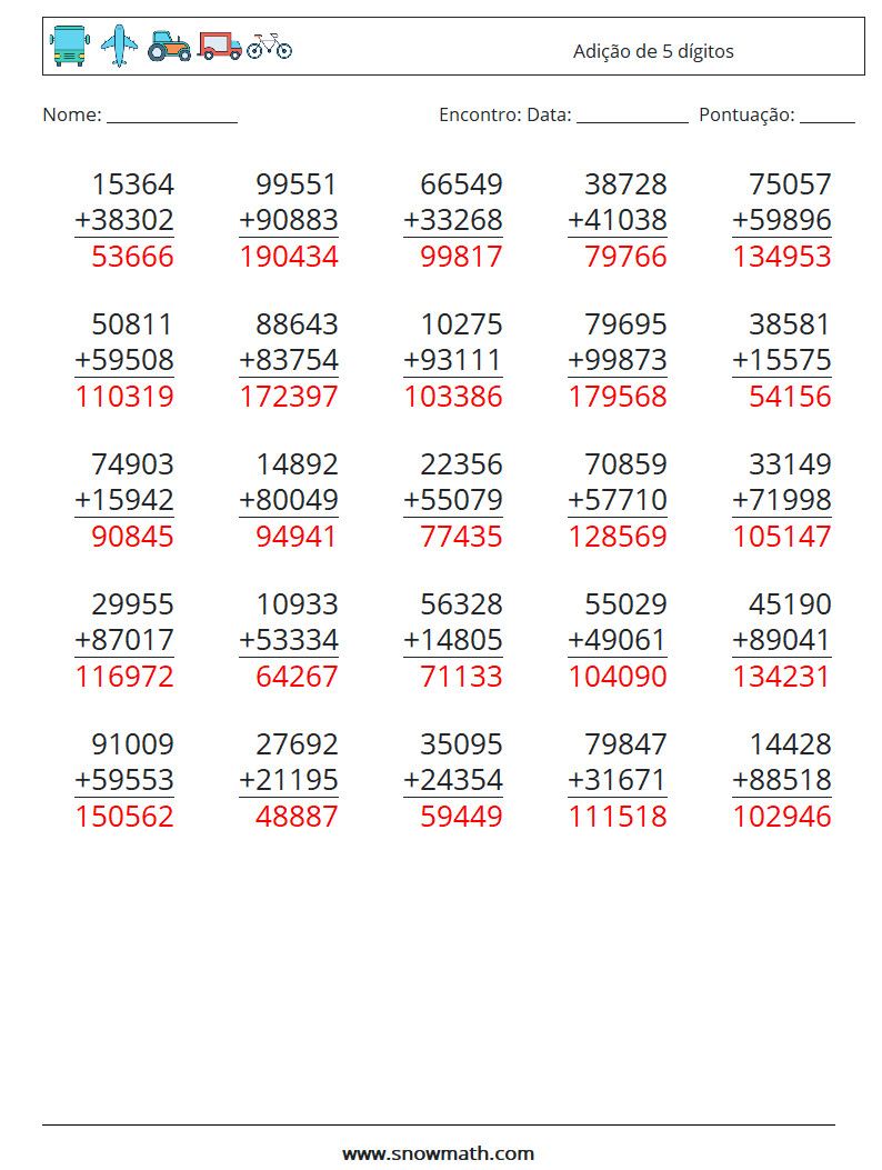 (25) Adição de 5 dígitos planilhas matemáticas 2 Pergunta, Resposta