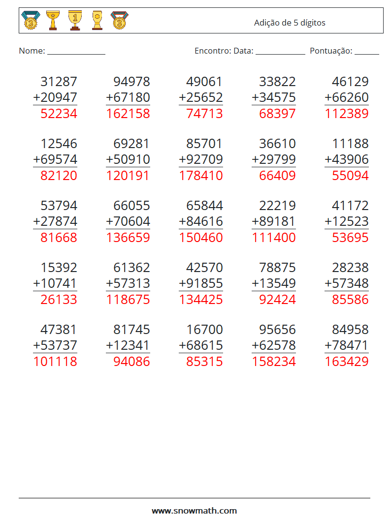 (25) Adição de 5 dígitos planilhas matemáticas 3 Pergunta, Resposta