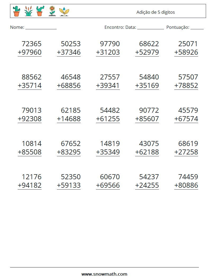 (25) Adição de 5 dígitos planilhas matemáticas 4