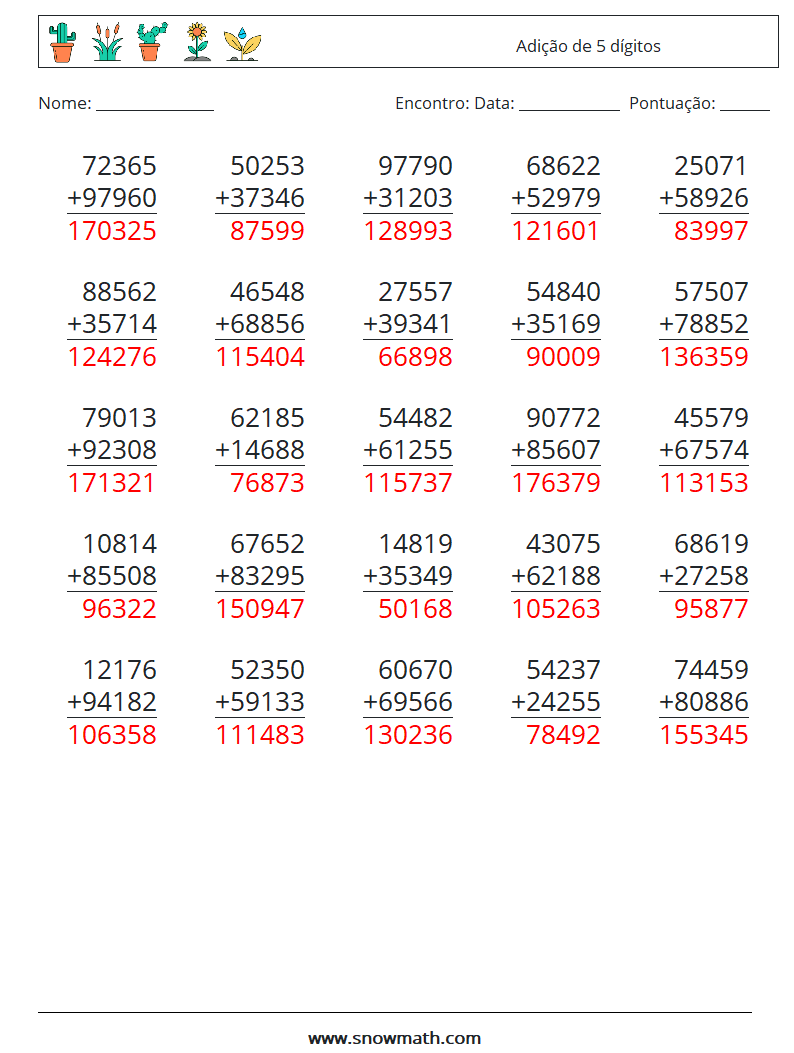 (25) Adição de 5 dígitos planilhas matemáticas 4 Pergunta, Resposta