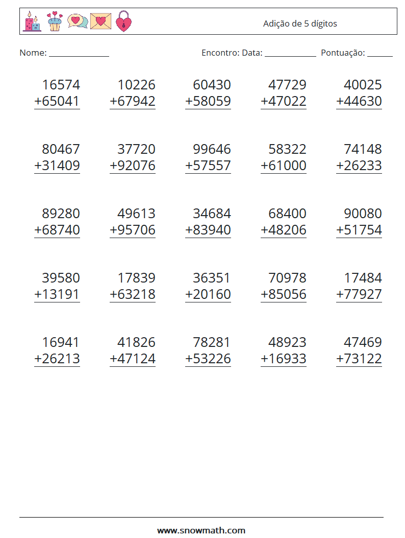 (25) Adição de 5 dígitos planilhas matemáticas 5