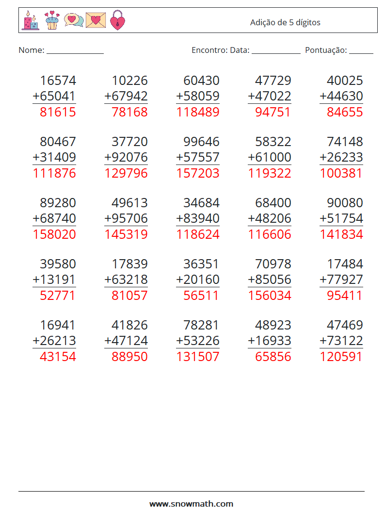 (25) Adição de 5 dígitos planilhas matemáticas 5 Pergunta, Resposta