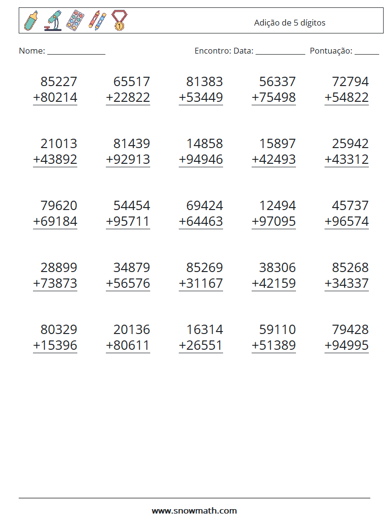 (25) Adição de 5 dígitos planilhas matemáticas 6