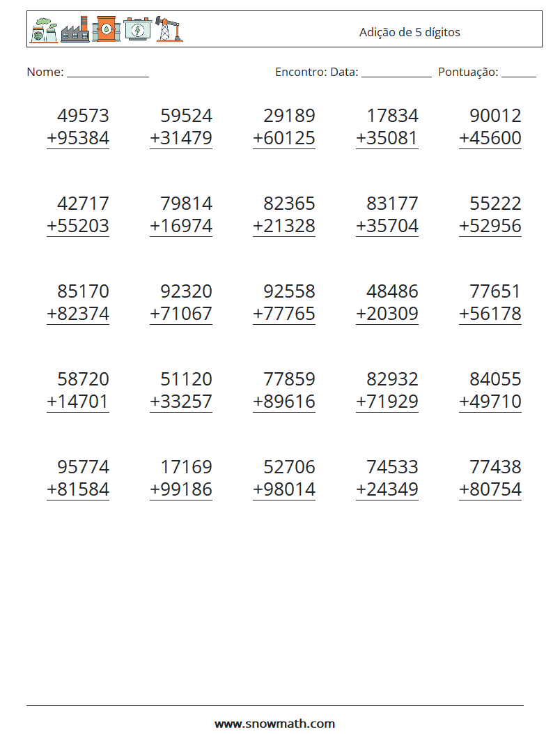 (25) Adição de 5 dígitos planilhas matemáticas 7