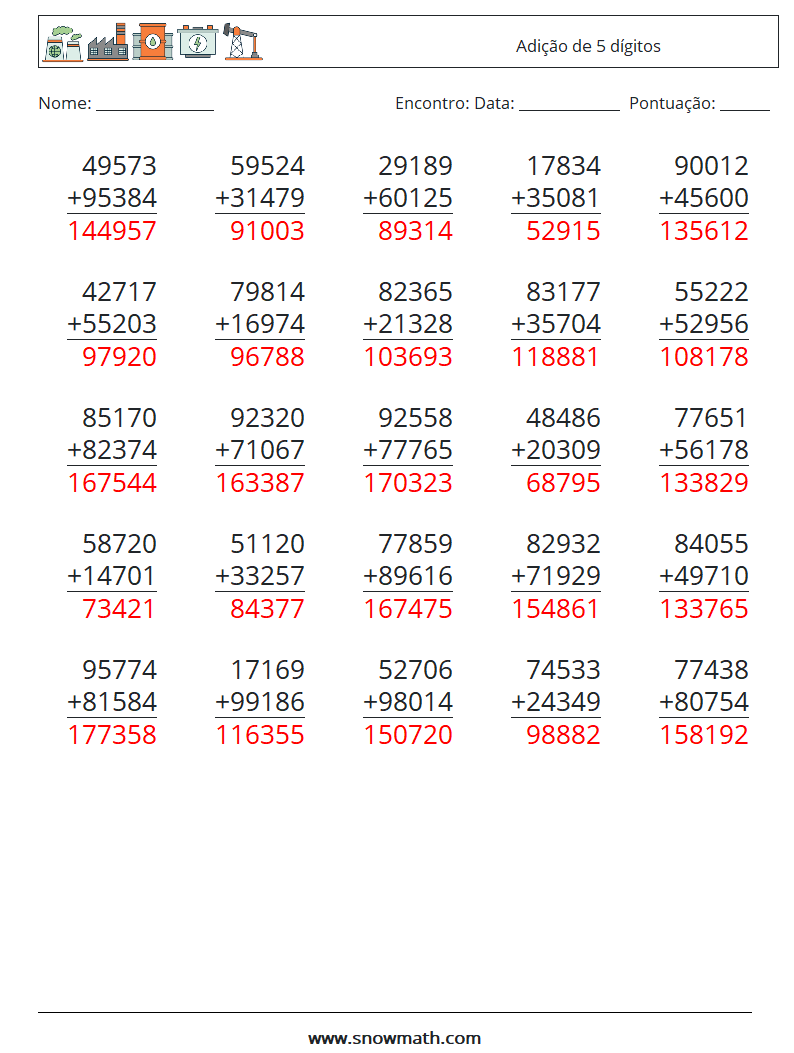 (25) Adição de 5 dígitos planilhas matemáticas 7 Pergunta, Resposta