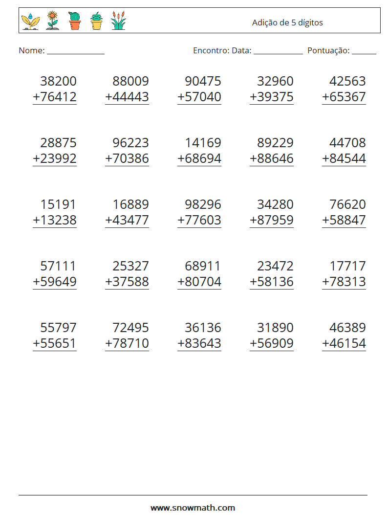 (25) Adição de 5 dígitos planilhas matemáticas 9